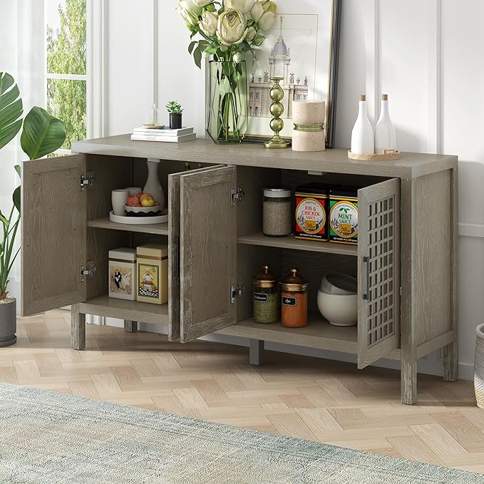 Merax Sideboard Buffet Cabinet, with Storage and 4 Mirror Doors, Retro Farmhouse Style, for Living, Dining Room and Kitchen, Grey - LeafyLoom