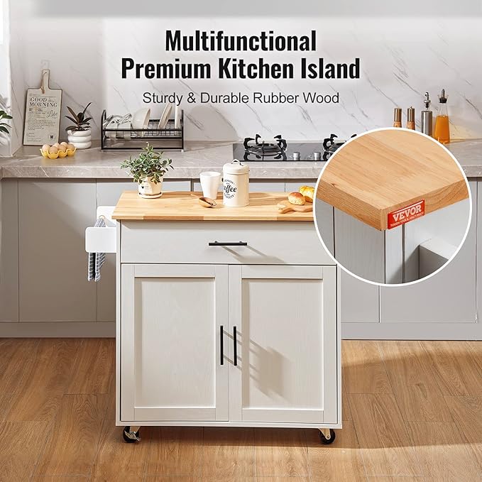 VEVOR Kitchen Island Cart with Solid Wood Top, 35.4" Width Mobile Carts with Storage Cabinet, Rolling Kitchen Table with Spice Rack, Towel Rack, Drop Leaf and Drawer, Portable Islands on Wheels, White - LeafyLoom