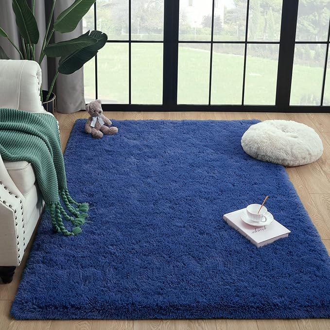 Super Soft Fluffy Shaggy Rugs for Living Room Bedroom, Fuzzy Plush Area Rugs for Girls Kids Room Nursery Home Decor, Furry Dorm Rug Cute Non-Slip Indoor Floor Carpet 5x8 Feet, Navy Blue - LeafyLoom