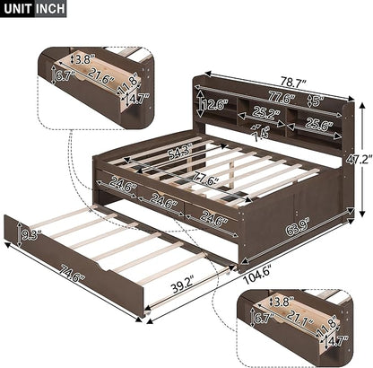 Wooden Full Size Captain Bed with Built-in Bookshelves, Full Daybed Frame with 3 Storage Drawers and Trundle, Antique Gray - LeafyLoom