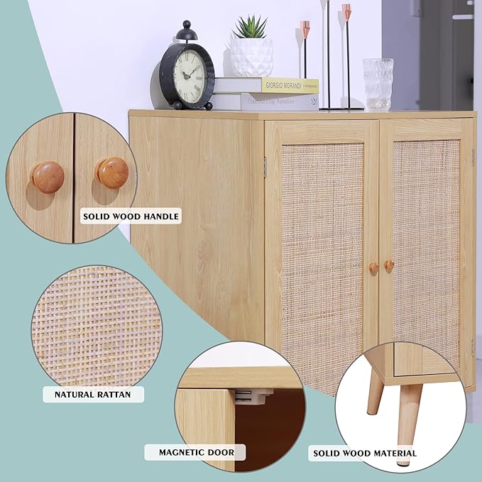 Sideboard Buffet Cabinet with Storage, Kitchen Storage Cabinet with Rattan Doors, Rattan Cabinet with Adjustable Shelves for Hallway, Living Room, 31.5 x 15.7 x 35 Natural, Assemble Easily - LeafyLoom