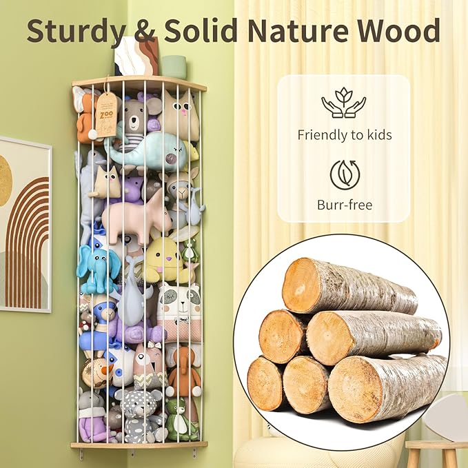 Stuffed Animal Storage for Plushie Toys - Large Wood Corner Hanging Pet Storage with Sky Pattern, Length Adjustable Toy Organizer Shelf for Nursery Play Room Bedroom Kid Room - LeafyLoom