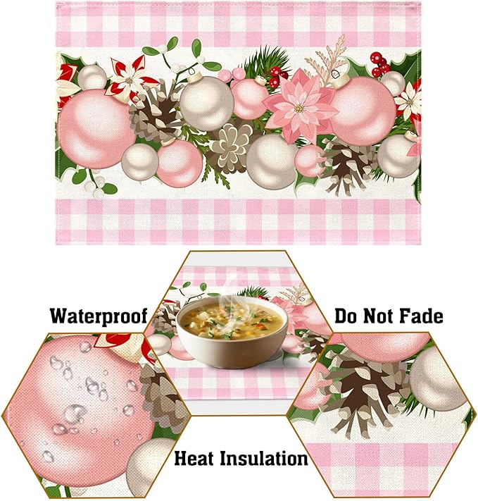 Nepnuser Pink and White Gingham Christmas Placemats Set of 4 Buffalo Check Plaid Xmas Decoration for Home Kitchen Dining Table Decoration Nepnuser