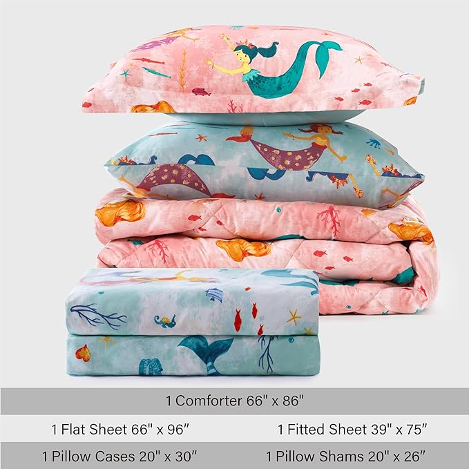 Twin Size Mermaid Kids Bedding Set for Girls, 5 Pieces Super Soft Lightweight Microfiber Comforter Set with Sheets, Bed in a Bag, Durable Children Bed Set - LeafyLoom