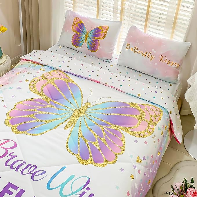 Twin Size Comforter Set for Girls, 5-Piece Bed in a Bag, 3D Colorful Butterfly Bedding Comforter Sheet Set, Ultra Soft and Fluffy, Pink & Rainbow Color - LeafyLoom