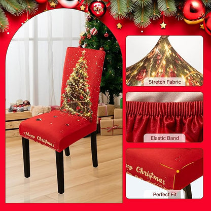 4PCS Christmas Dining Chair Covers Stretch Removable Washable Dining Room Chair Protector Slipcover 3D Print Xmas Tree Bow Tie Kitchen Chair Cover Slipcovers for Xmas Holiday Party Home Décor CZL