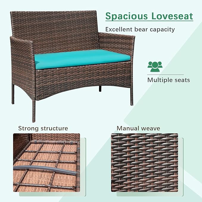 Greesum Patio Furniture 4 Pieces Conversation Sets Outdoor Wicker Rattan Chairs Garden Backyard Balcony Porch Poolside loveseat with Soft Cushion and Glass Table, Brown and Blue - LeafyLoom