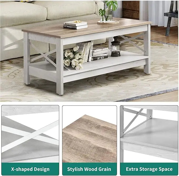 YITAHOME Coffee Table for Living Room,Modern Farmhouse Coffee Table with Storage,2-Tier Center Table for Living Room Wood Living Room Table Accent Cocktail with Sturdy Frame,Grey Wash - LeafyLoom