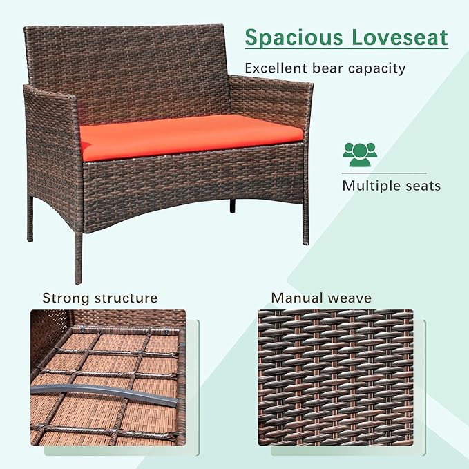 Greesum Patio Furniture 4 Pieces Conversation Sets Outdoor Wicker Rattan Chairs Garden Backyard Balcony Porch Poolside loveseat with Soft Cushion and Glass Table, Brown and Red - LeafyLoom