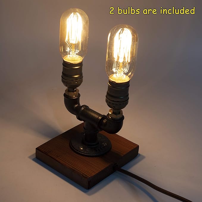 Steampunk Lamp with Dimmer, Dimmable Loft Style Industrial Vintage Antique Style Light with 2 Bulbs, Wood Base with Iron Piping Desk Lamp, Retro Desk Lamp LL-027 - LeafyLoom