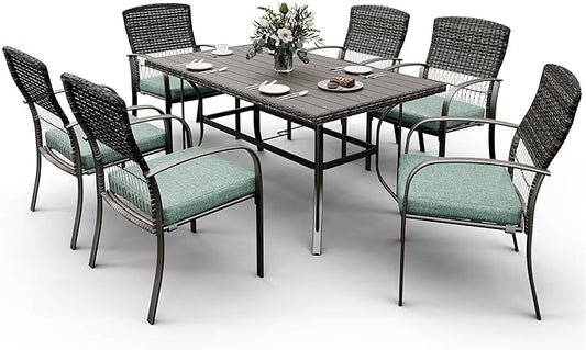 Patio Dining Set for 6, 7 PCS Patio Table & Chair Set, Metal Slatted Table with 2" Umbrella Hole, All-Weather Wicker Patio Dining Furniture with Removable Cushions for Deck, Lawn, Garden(Green) - LeafyLoom