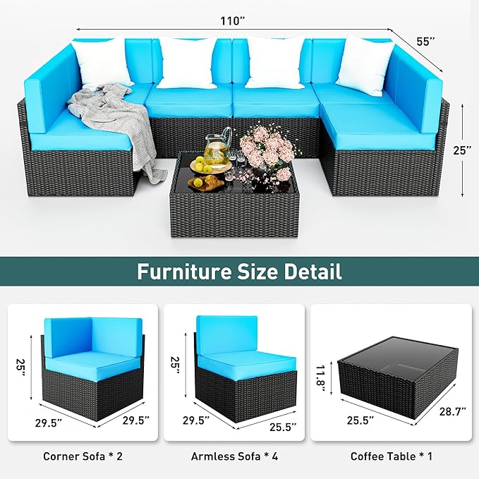 Pamapic Patio Furniture Set, 7 Pieces Modular Outdoor Sectional, Patio Sectional Sofa Conversation Set, Rattan Sofa with Coffee Table and Washable Cushions Covers, Black Rattan and Blue Cushions - LeafyLoom