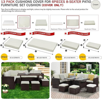 ClawsCover 13Pack Outdoor Seat and Back Cushions Replacement Covers Fit for 7Pieces Wicker Rattan Patio Furniture Set Sectional Couch with Dining Table and Ottoman,Cream-Include Cover Only - LeafyLoom