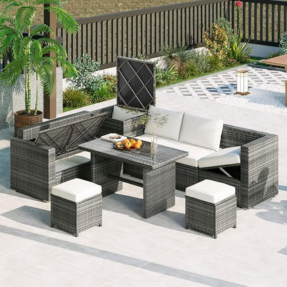 Outdoor Furniture 6-Piece Patio Sofa Set, All Weather PE Rattan Sectional Couch with Tempered Glass Dining Table, Adjustable Seat, Storage Box&Removable Covers, for Garden Backyard, 1, Beige - LeafyLoom