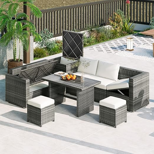 6-Piece Patio Furniture Set, L-Shaped Outdoor PE Wicker Rattan Sectional ConversationSet with Adjustable Seat, Storage Box, Removable Covers and Tempered Glass Top Table, for Backyard - LeafyLoom