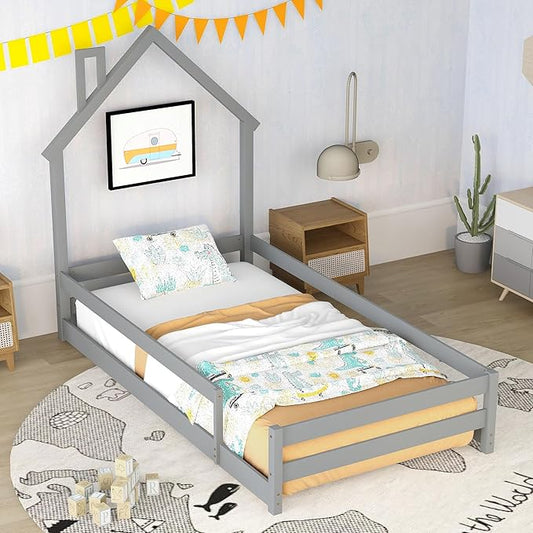 Bellemave Twin Size House-Shaped Headboard Floor Bed with Fences, Wooden Montessori Bed for Kids,House Bed Twin Frame for Girls,Boys (Gray) - LeafyLoom