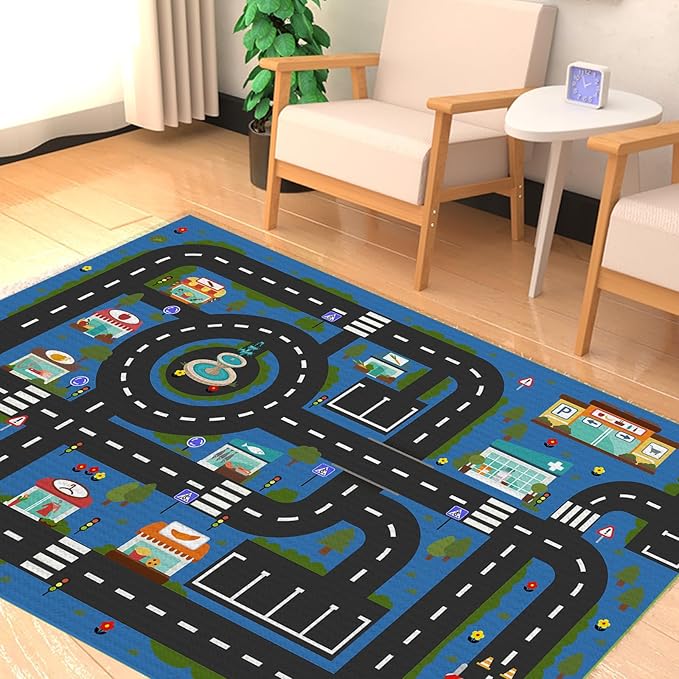 Analog ABC Kids Rug Playroom Car Rug Play Mat City Life Road Rug for Cars Fun City Map for Carpet for Bedroom Boys (47 * 70 inches, Hope City) - LeafyLoom