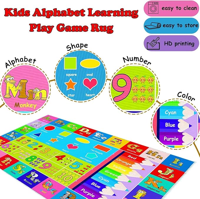 Kids Alphabet Play Game Rug - 6'x9' ABC Numbers and Shapes Educational Learning Toddler Carpet - Kids Room Playroom Classroom Kindergarten Activity Fun Soft Non-Slip Mat - LeafyLoom