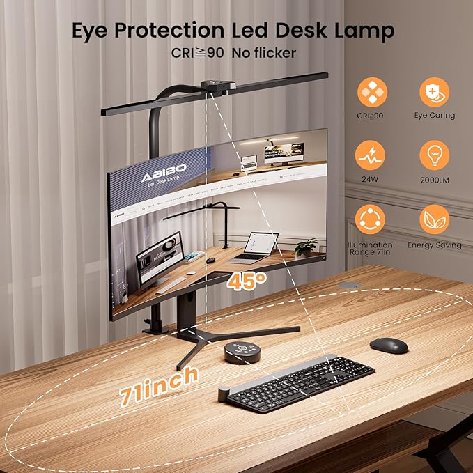 LED Desk Lamp, 24W Bright Architect Desk Lamp for Home Office, Clamp Desk Light with Adjustable Flexible Gooseneck & Remote Control, Eye Caring Table Light for Workbench Study Reading Drafting - LeafyLoom