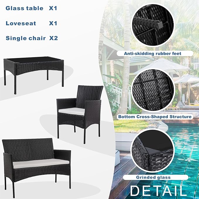 Shintenchi 4 Piece Outdoor Patio Furniture Sets, Small Wicker Patio Conversation Furniture Rattan Chair Set with Tempered Glass Coffee Table for Backyard Porch Garden Poolside Balcony - LeafyLoom