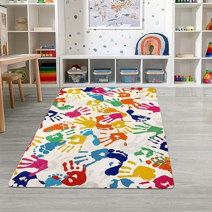 Handprints and Footprints Kids Rug Play Carpet, 4'x6' Washable Colorful Area Rug for Nursery Room, Ultra Soft Non-Slip Indoor Play Mat for Bedroom Playroom Classroom - LeafyLoom