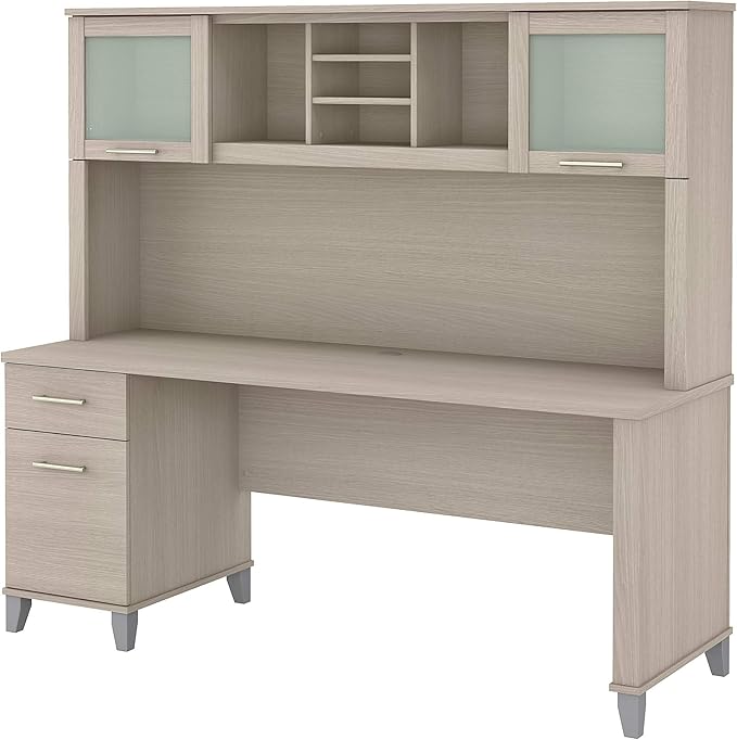 Bush Furniture Somerset 72W Office Desk with Drawers and Hutch in Sand Oak - LeafyLoom