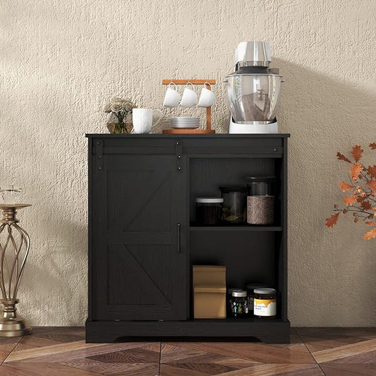 Panana Sliding Barn Door Buffet Sideboard Storage Cabinet Coffee Bar Kitchen Farmhouse Style (Black) - LeafyLoom