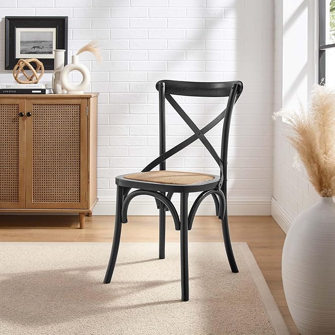 Modway Gear Rustic Modern Farmhouse Elm Wood Rattan Dining Chair in Black - LeafyLoom