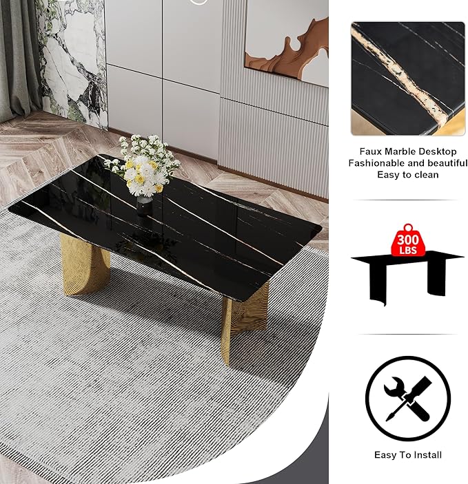 NicBex Modern Minimalist Dining Table The Black Patterned Glass Desktop is Equipped with Golden Metal Legs Suitable for Restaurants and Living Rooms, Black + Gold - LeafyLoom