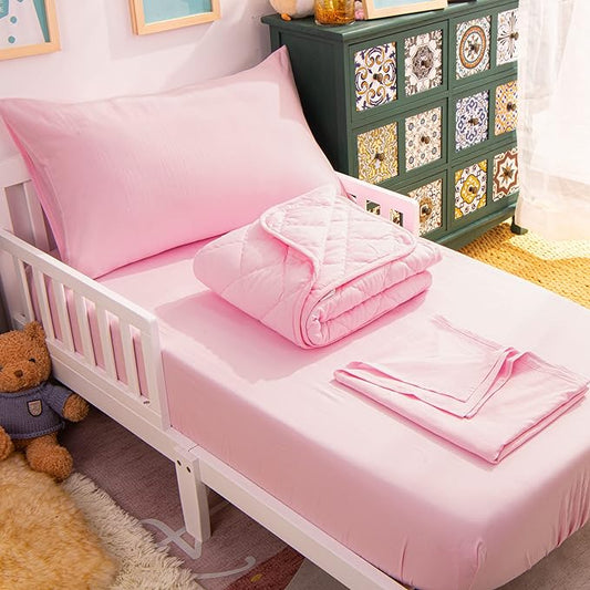 NTBAY Toddler Bedding Set - 4 Piece Soft and Breathable Crib Bedding Set for Boys and Girls, Includes Quilted Comforter, Fitted Sheet, Flat Top Sheet and Envelope Pillowcase, Pink - LeafyLoom