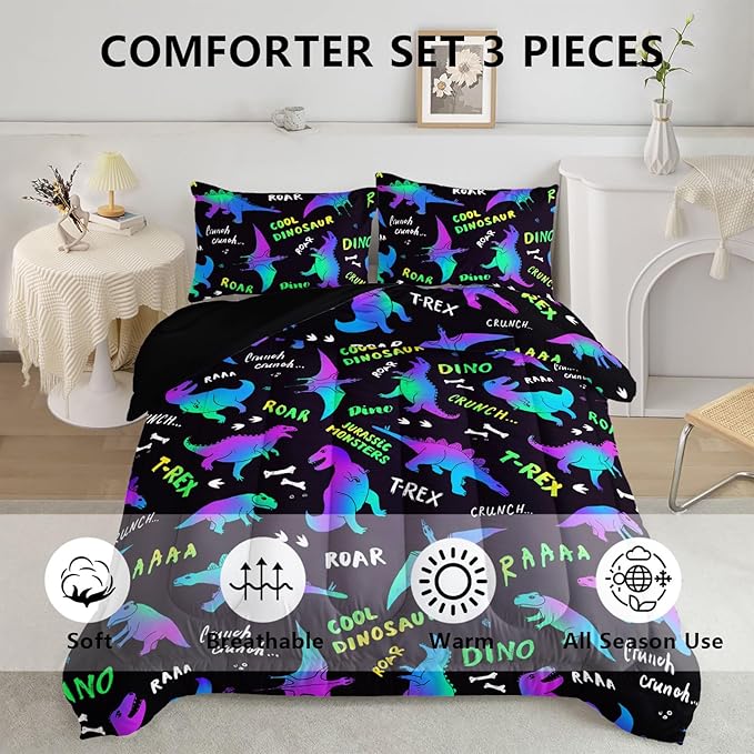 Axolotl Cartoon Dinosaur Bedding Set,Queen Size Kids Bed Set,Gradient Dinosaur Comforter Set,1 Quilt with 2 Pillowcases for Boys Girls Kids Teens Children Adults Room Decor All Season,Black - LeafyLoom