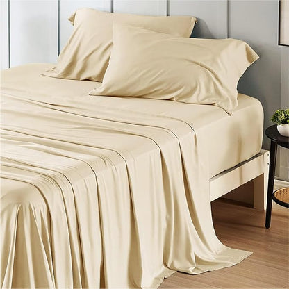 Bedsure Full Size Sheets, Cooling Sheets Full, Rayon Derived from Bamboo, Deep Pocket Up to 16", Breathable & Soft Bed Sheets, Hotel Luxury Silky Bedding Sheets & Pillowcases, Alabaster Gleam - LeafyLoom