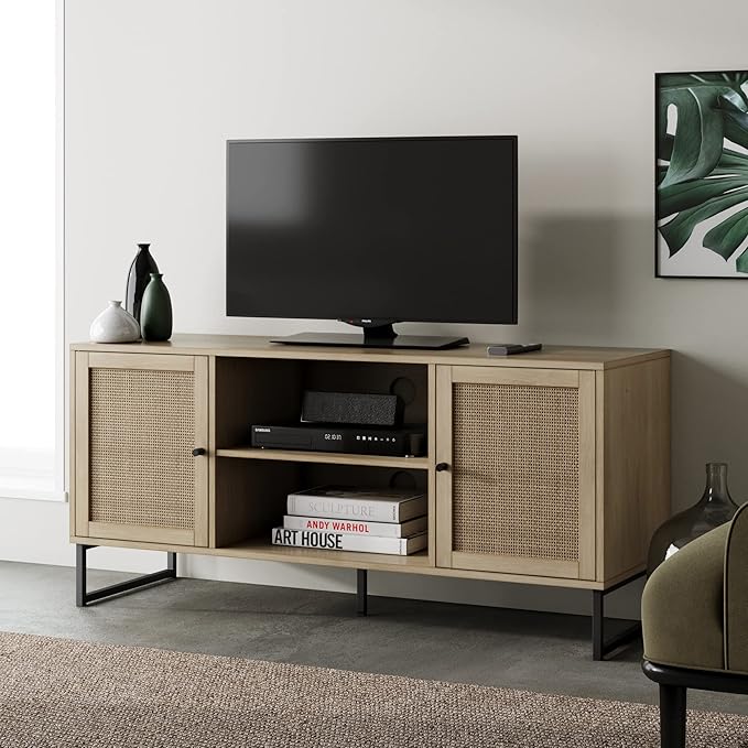 Nathan James 74101 Mina Modern TV Stand, Entertainment Cabinet, Media Console with a Natural Oak Wood Finish and Matte Black Accents with Storage Doors for Living Room or Media Room, Oak/Black - LeafyLoom