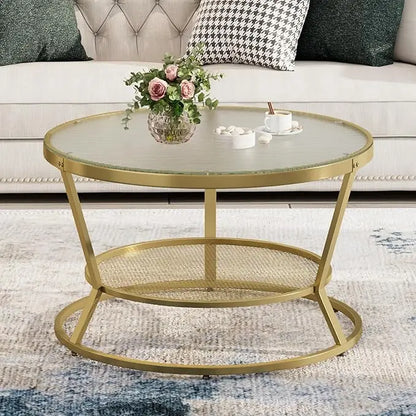 O&K FURNITURE Round Gold Coffee Table, 2-Tier Coffee Table for Living Room, Gold Glass Coffee Table with Ring-Shaped Frames, Center Table for Home&Office, Gold Finish - LeafyLoom