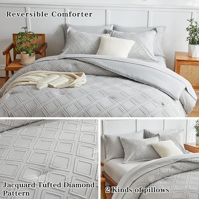 7 Pieces Tufted Bed in a Bag Queen Comforter Set with Sheets Light Grey, Soft and Embroidery Shabby Chic Boho Bohemian, Solid Color with Diamond Pattern, Jacquard Tufts Bedding Set for All Season - LeafyLoom