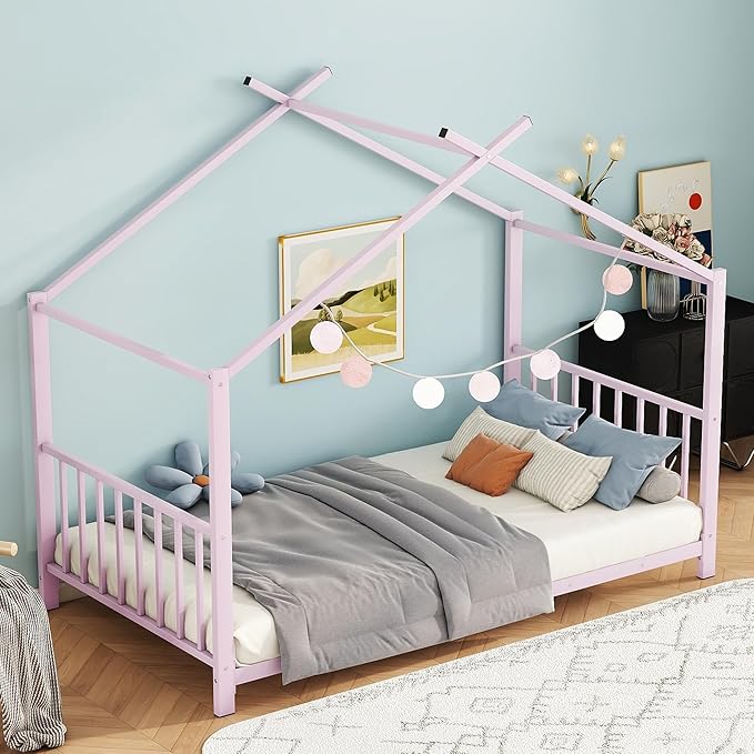 Twin Size Kids Montessori Floor Bed,House Bed Frame with High Headboard,Twin Floor Bed with Roof for Boys Girls,Floor Bed Metal Frame (Pink) - LeafyLoom