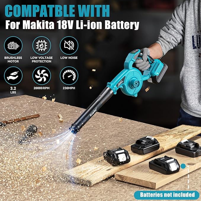 Leaf Blower Cordless for Makita 18V Battery, LIVOWALNY 120CFM 230MPH 2-in-1 Electric Leaf Blowers & Vacuum with 3 Speed Mode for Cleaning Patio, Yard, Sidewalk, Snow, Lawn Care - LeafyLoom