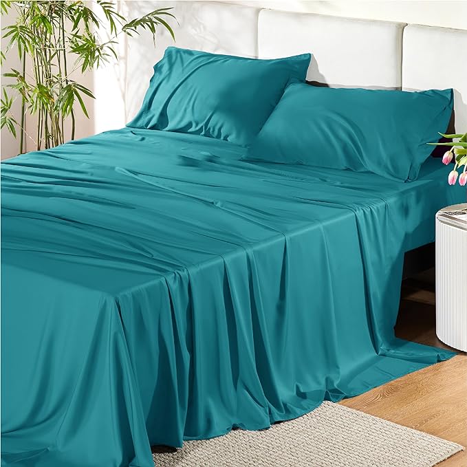 Bedsure Full Size Sheets, Cooling Sheets Full, Rayon Derived from Bamboo, Deep Pocket Up to 16", Breathable & Soft Bed Sheets, Hotel Luxury Silky Bedding Sheets & Pillowcases, Turquoise - LeafyLoom