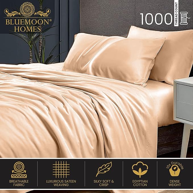 Bluemoon Homes 100% Egyptian Cotton Sheets Cooling Bedsheet California King Size - 1000 TC 4 Pc Sheets for Cal King Size Bed, Sateen Luxury Hotel Sheets, Soft, Fits Upto 18" Mattress - Sand - LeafyLoom