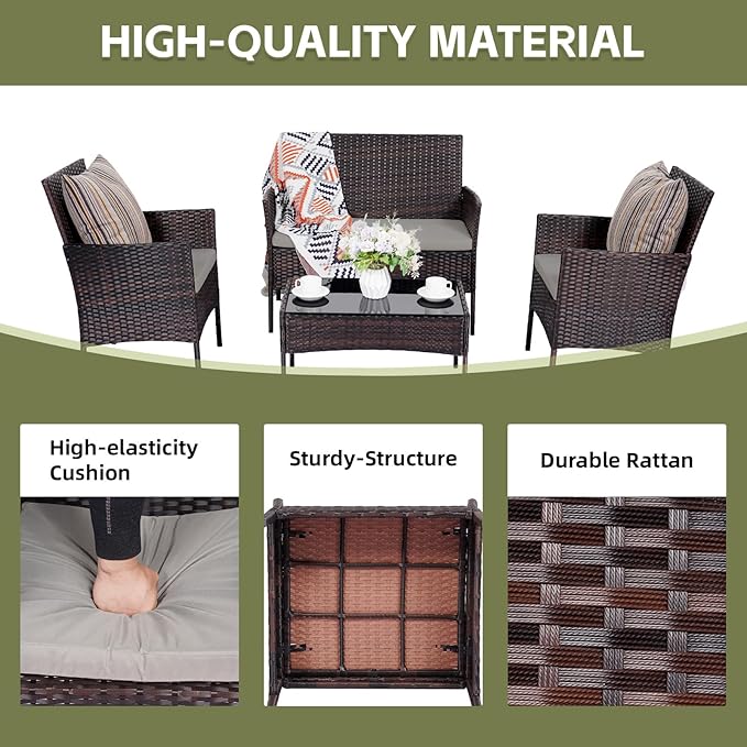 Patio Furniture Set 4 Pieces Conversation Sets Outdoor Wicker Rattan Chairs Garden Backyard Balcony Porch Poolside Loveseat with Soft Cushion and Tempered Glass Table(Brown/Grey) - LeafyLoom