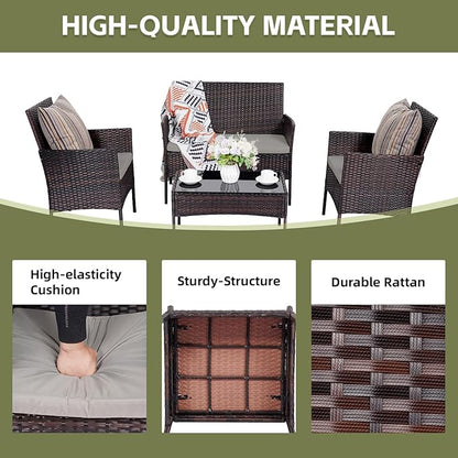 Patio Furniture Set 4 Pieces Conversation Sets Outdoor Wicker Rattan Chairs Garden Backyard Balcony Porch Poolside Loveseat with Soft Cushion and Tempered Glass Table(Brown/Grey) - LeafyLoom