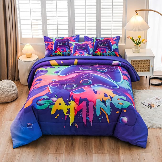 Aimuan Gaming Comforter Sets for Boys Kids Bedding Sets Video Games Console Action Buttons Novelty Colorful Game Gamepad Controller Modern Gamer Room Decor Home Quilt Set (Twin 6 Pcs,Purple) - LeafyLoom