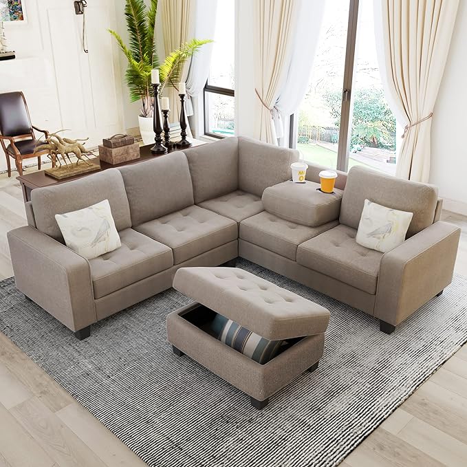 L Shaped Sectional Sofa with Storage Ottoman & Cup Holders Chaise, Comfy Linen Couch, Modular Sofa&Couches for Living Room Large Space Dorm Apartment, Brown CupHolders - LeafyLoom