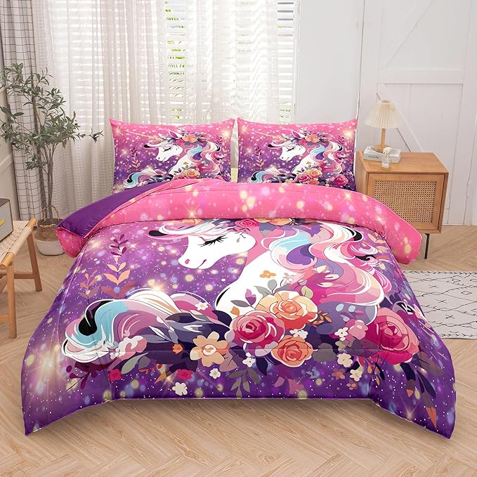 Tailor Shop Unicorn Kids Bedding Set for Girls Pink Purple Flower Unicorn Comforter Set King Galaxy Bedding Sets All Season with 2 Pillowcase…… - LeafyLoom