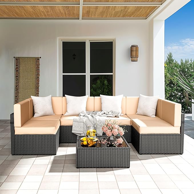 Pamapic Outdoor Rattan Sectional Sofa Conversation Set,7 Pieces Patio Furniture with Tea Table and Washable Cushions, Cream - LeafyLoom