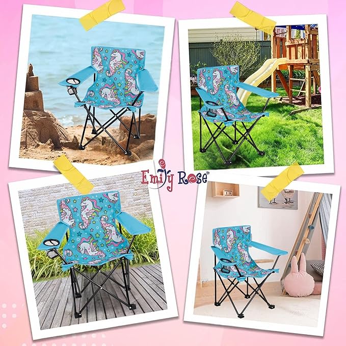 Emily Rose Kids Folding Chair | Beach Chair with Safety Lock- Camping Chair for Boyos Girls Toddler with Cup Holder & Carry Case- Tailgate, Travel, Lawn- for Indoor & Outdoor (Sea Unicorns) - LeafyLoom