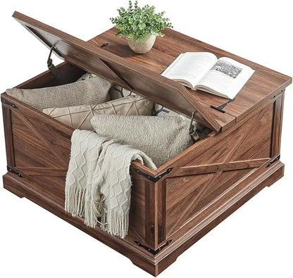 Farmhouse Square Coffee Table with Storage, Wood Center Table with Hinged Lift Top, Rustic Cocktail Table with Large Hidden Storage Compartment for Living Room, Bedroom,Brown - LeafyLoom