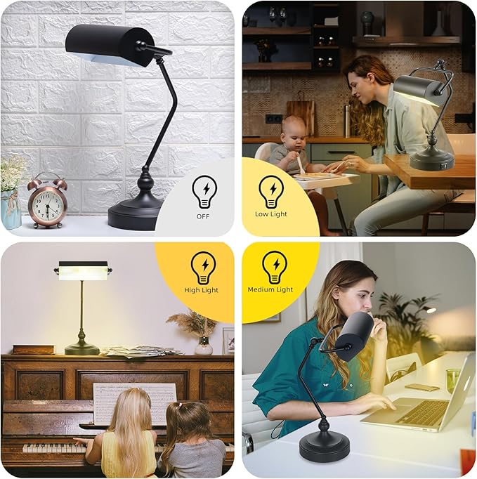 CONCA Classic Antique Touch Adjustable LED Desk Lamp, Bank Lamp, Piano Lamp, Eye Protection Table Lamp with Output Charging Port (Bulb Included in Package) (Black) - LeafyLoom