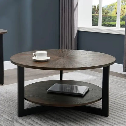 MODERION Round Coffee Table with Storage Shelf, Farmhouse Living Room Cocktail Black Metal Legs, Circular Solid Wood Center Tea Table, Sofa 35.3-''Dx17.8-''H, Natural Brown KFZ1338NC - LeafyLoom