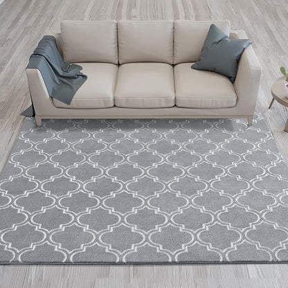 Chicrug Shag Geometric Modern Area Rug for Bedroom, 6x9 Feet Memory Foam Indoor Carpet, Fluffy Rug for Living room Bedside Room Decor for Family Girls Kids Nursery Play Mat, Grey/White - LeafyLoom